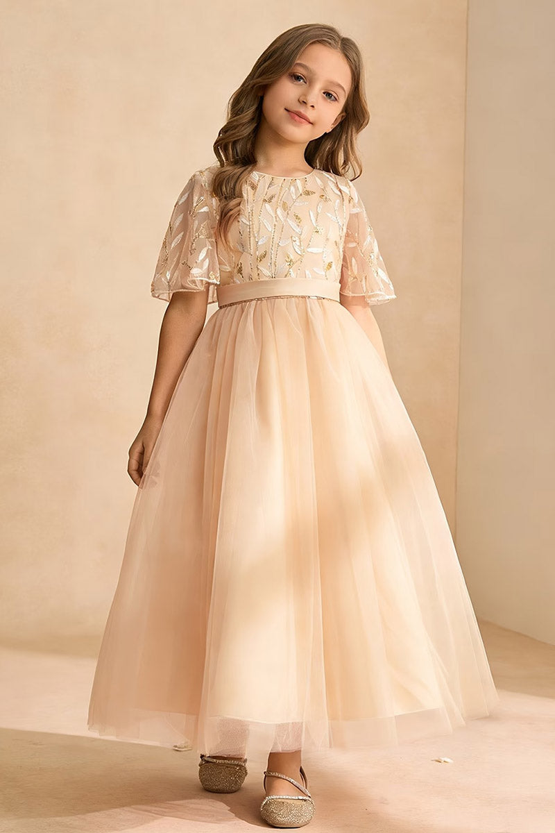 Girls Champagne Leaf Embroidered Short Sleeve Floor-Length Tulle Dress