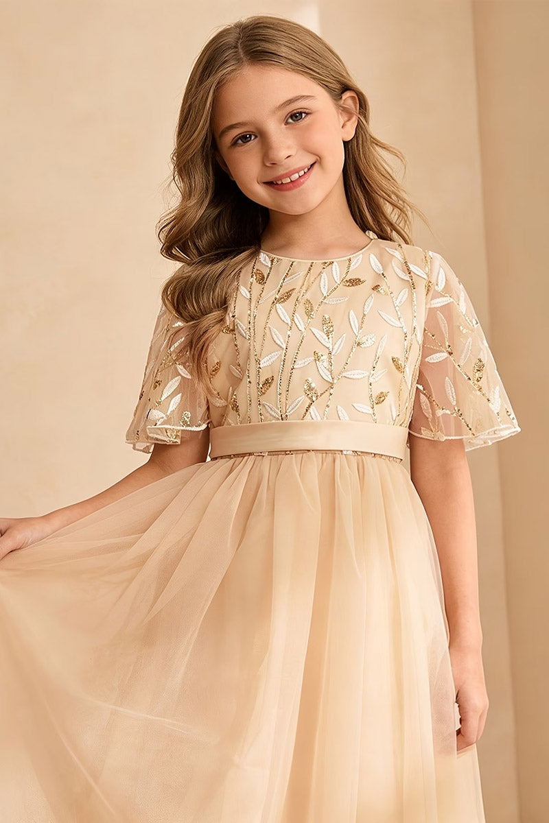 Girls Champagne Leaf Embroidered Short Sleeve Floor-Length Tulle Dress