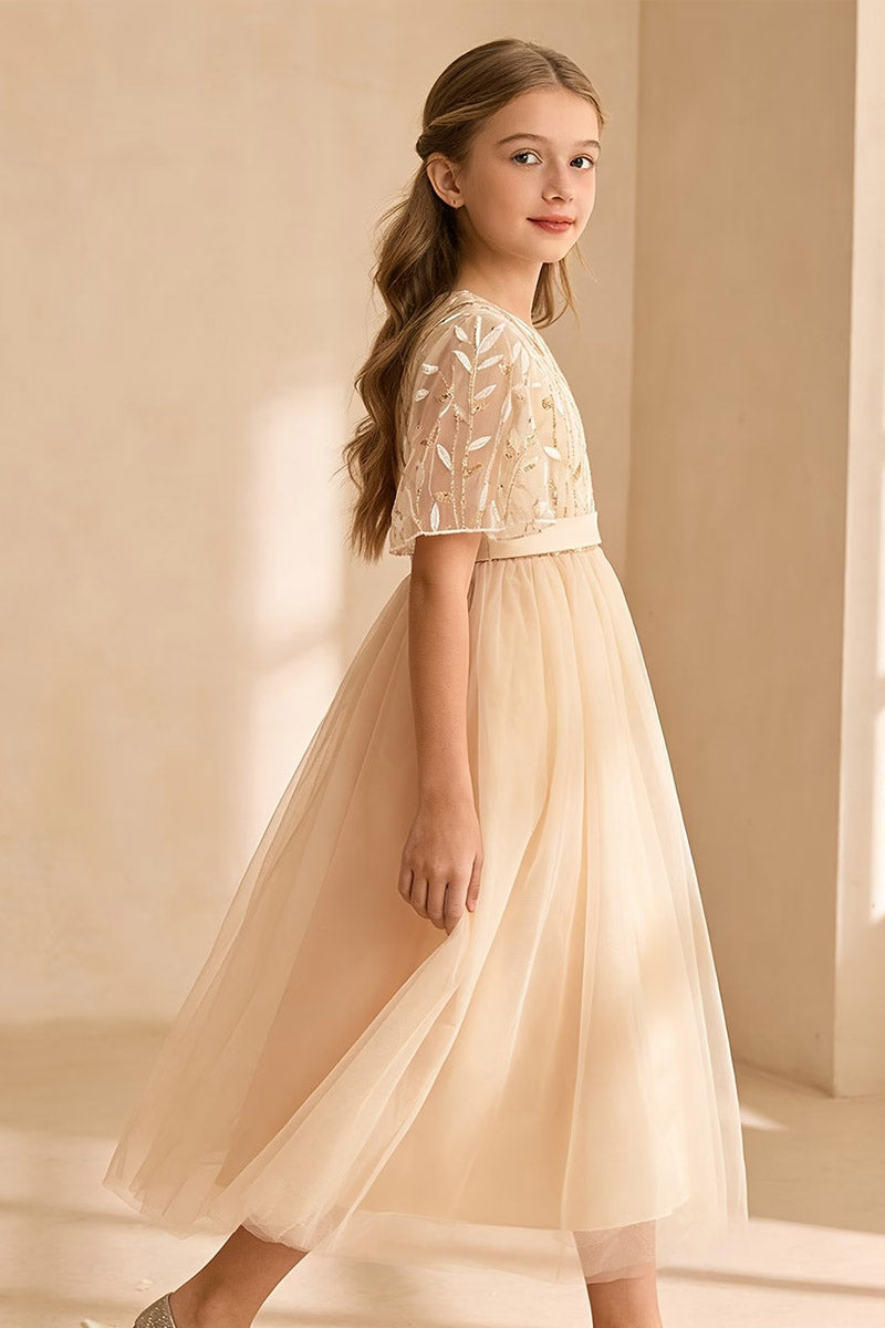 Girls Champagne Leaf Embroidered Short Sleeve Floor-Length Tulle Dress