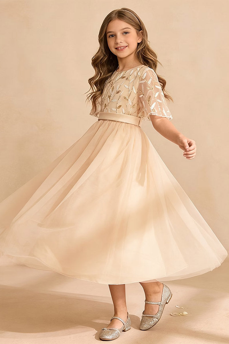Girls Champagne Leaf Embroidered Short Sleeve Floor-Length Tulle Dress