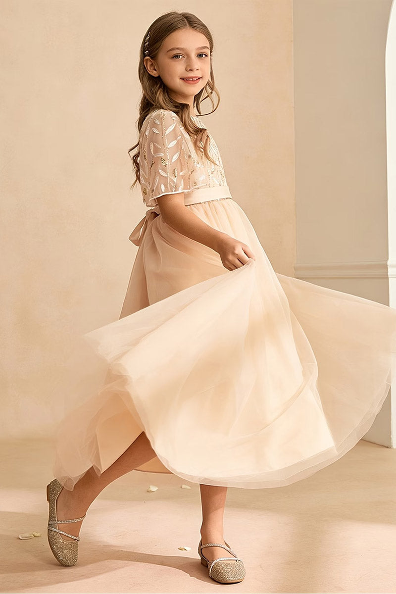 Girls Champagne Leaf Embroidered Short Sleeve Floor-Length Tulle Dress