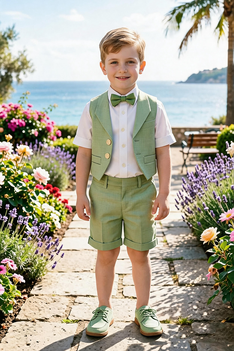 Boys Sage Notch Lapel Waistcoat & Cuffed Shorts 2-Piece Suit