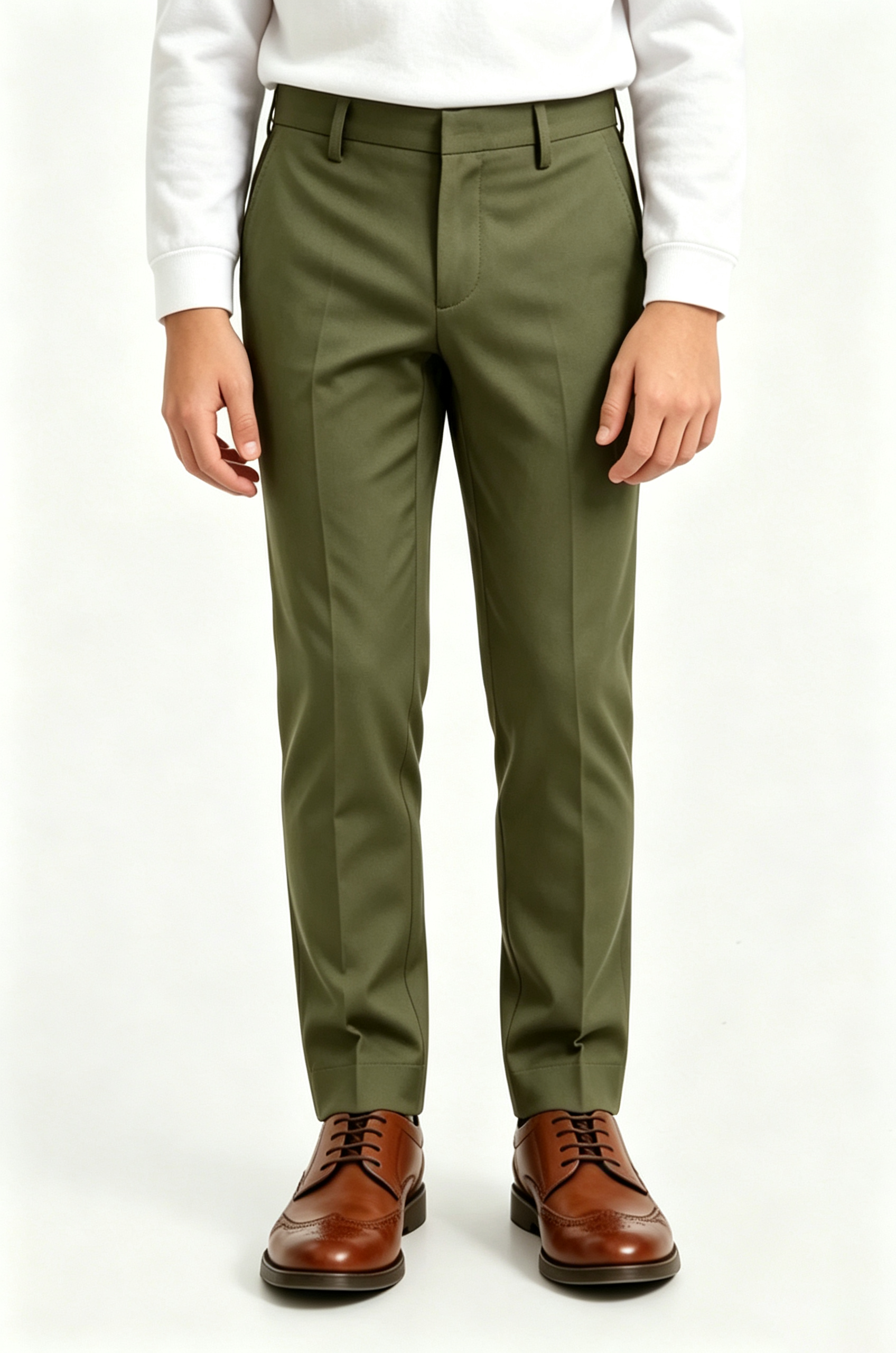 Olive Green Serge Blend Straight Leg Formal Suit Trousers