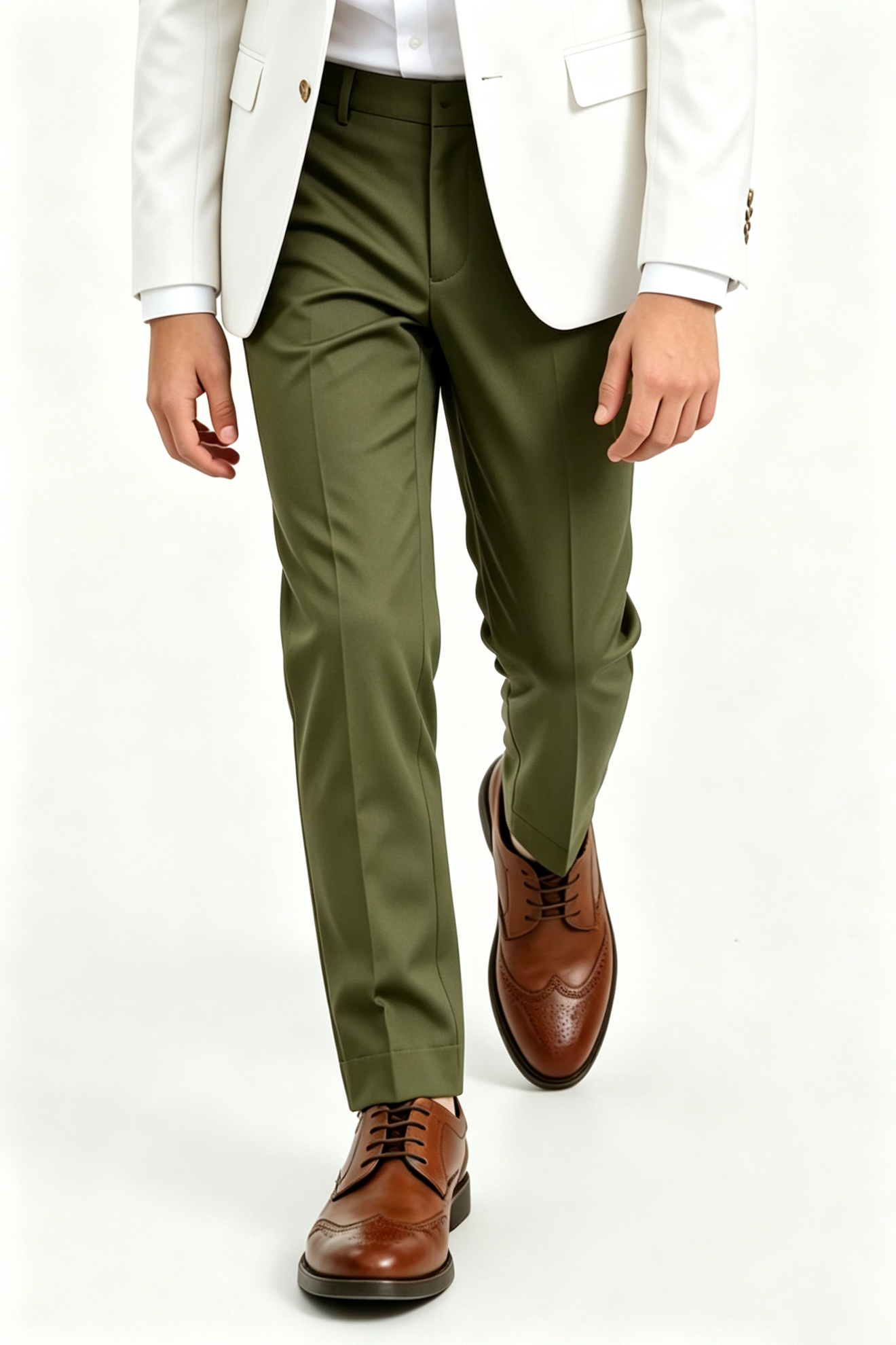 Olive Green Serge Blend Straight Leg Formal Suit Trousers