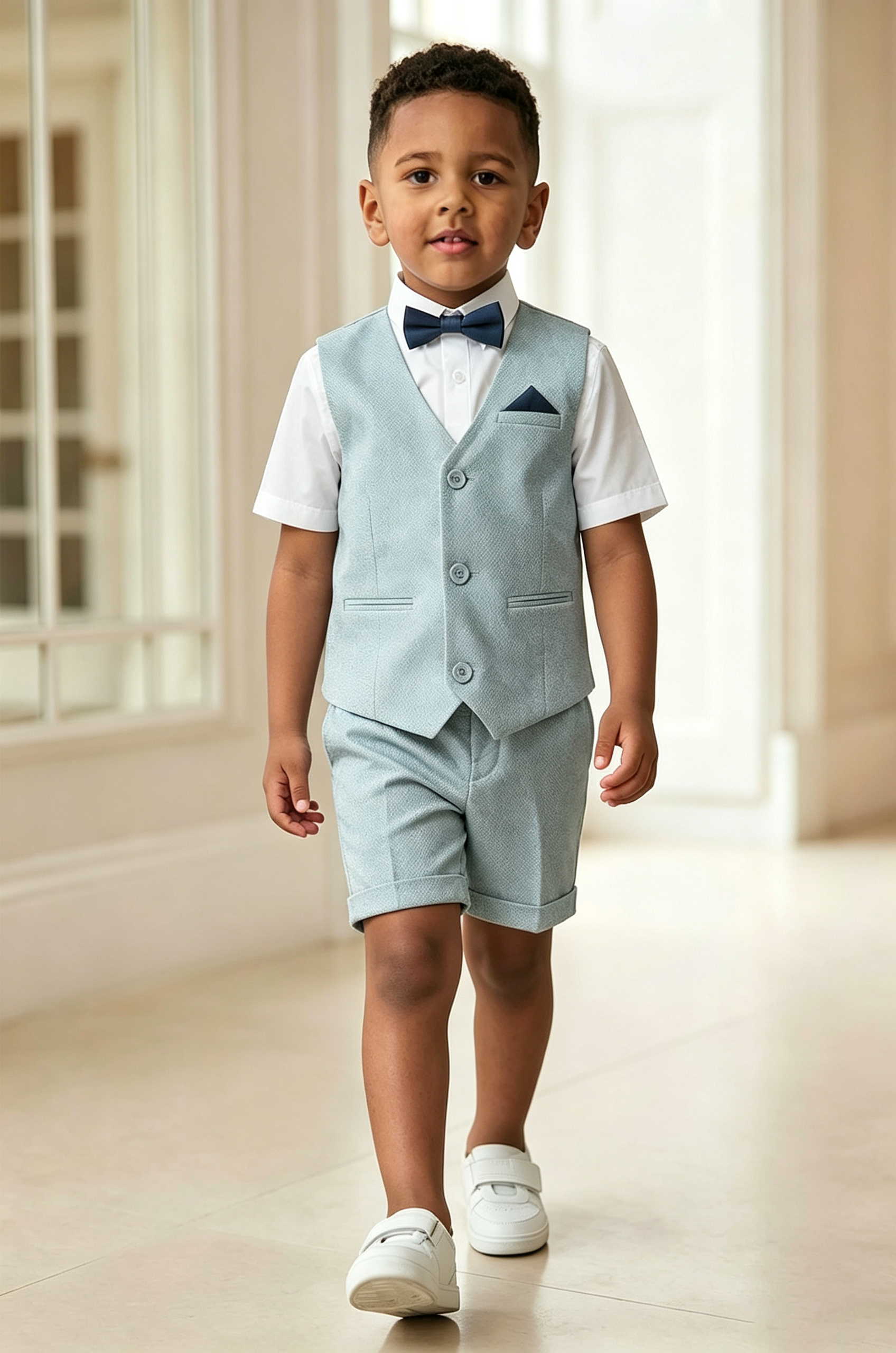 Light Blue Cotton Linen Blend V-Neck Single Breasted Waistcoat 2-Piece Set