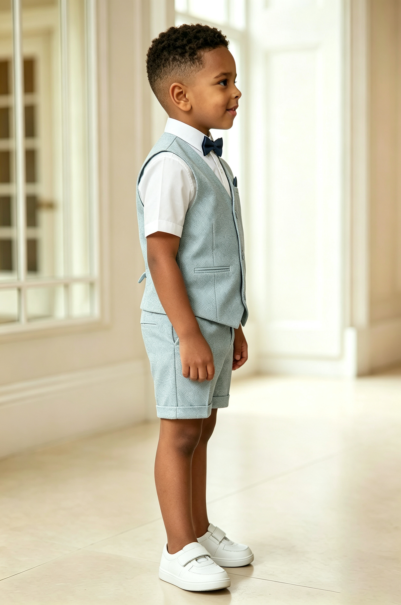 Light Blue Cotton Linen Blend V-Neck Single Breasted Waistcoat 2-Piece Set