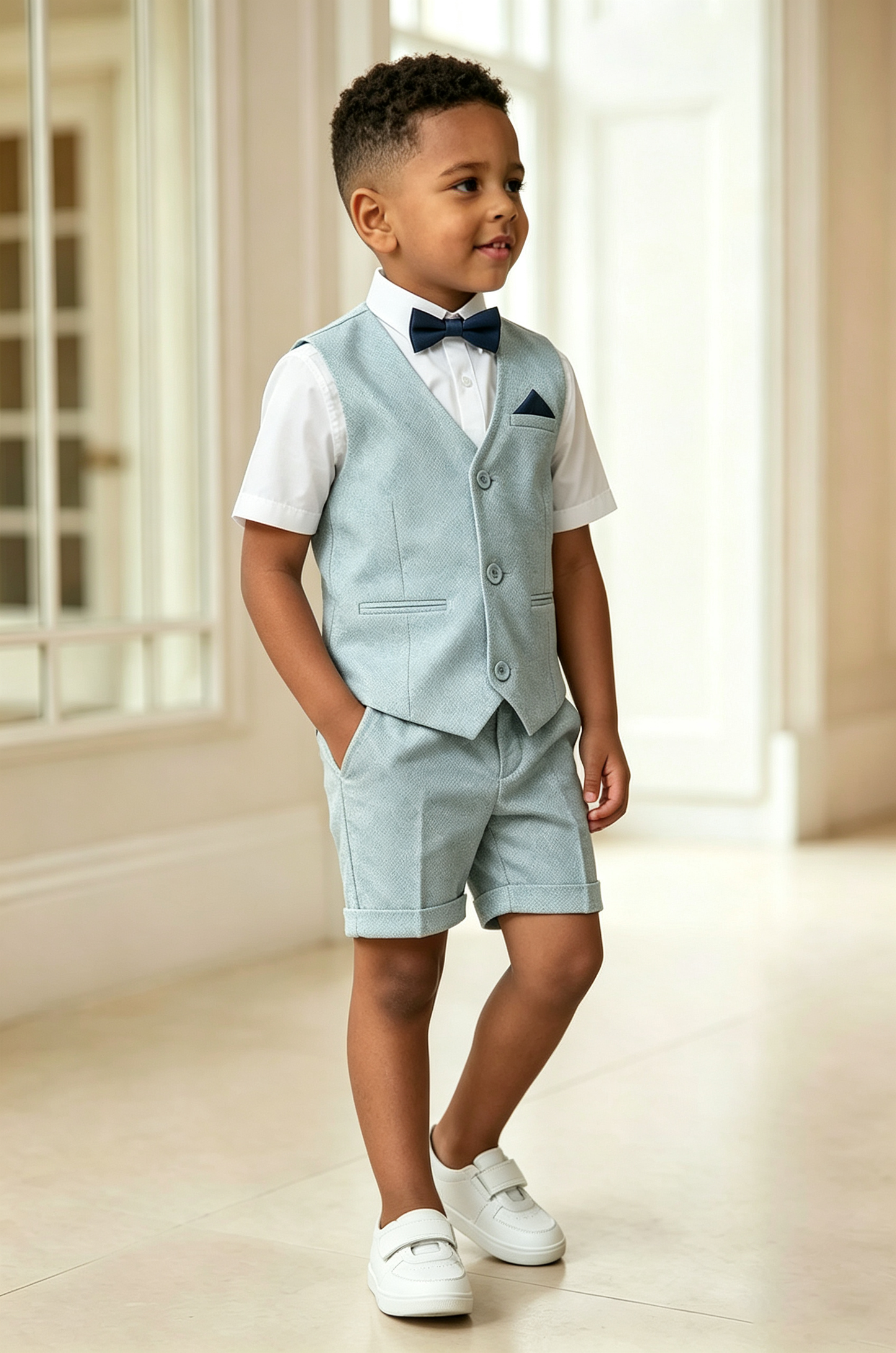 Light Blue Cotton Linen Blend V-Neck Single Breasted Waistcoat 2-Piece Set