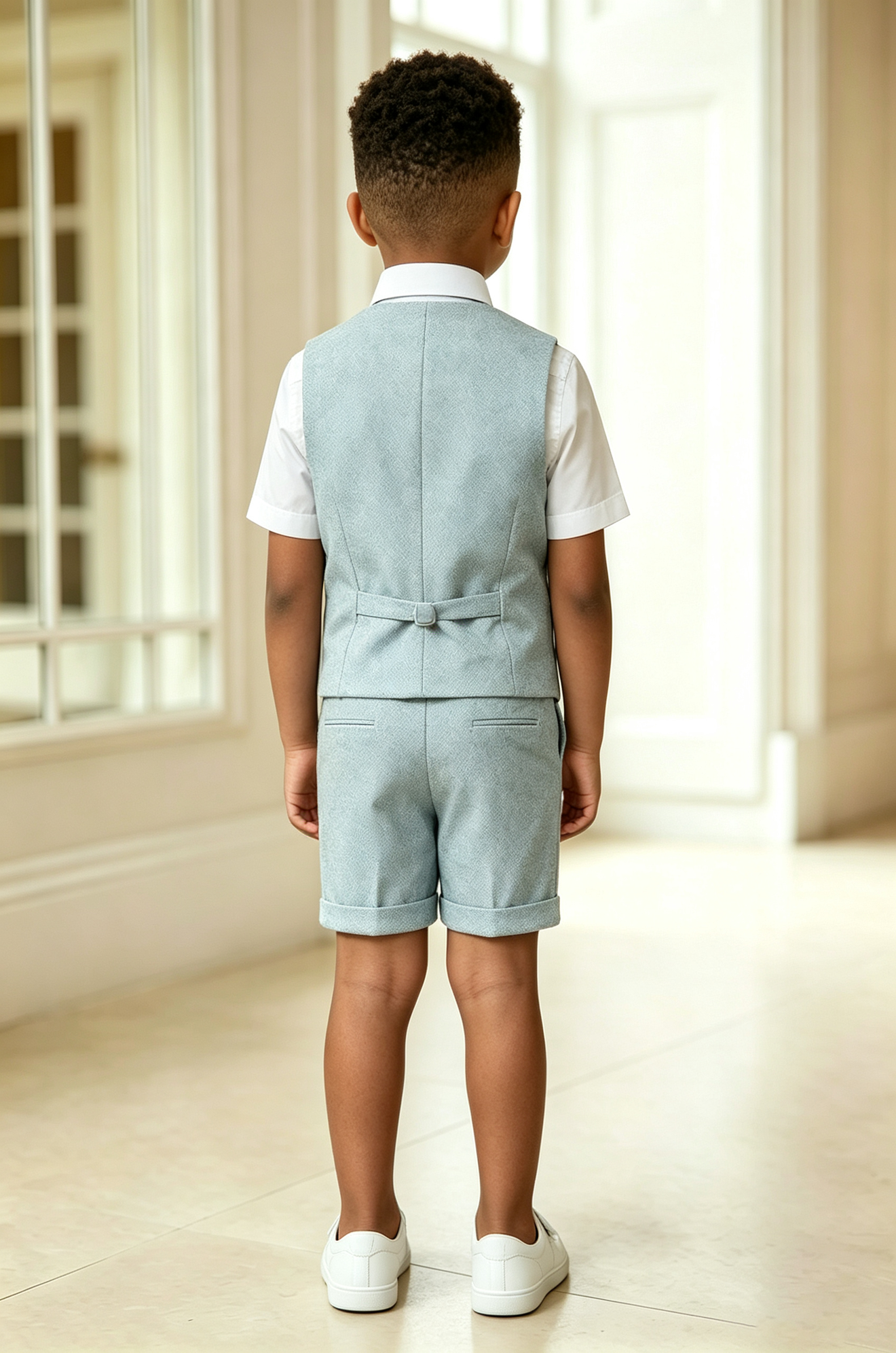 Light Blue Cotton Linen Blend V-Neck Single Breasted Waistcoat 2-Piece Set