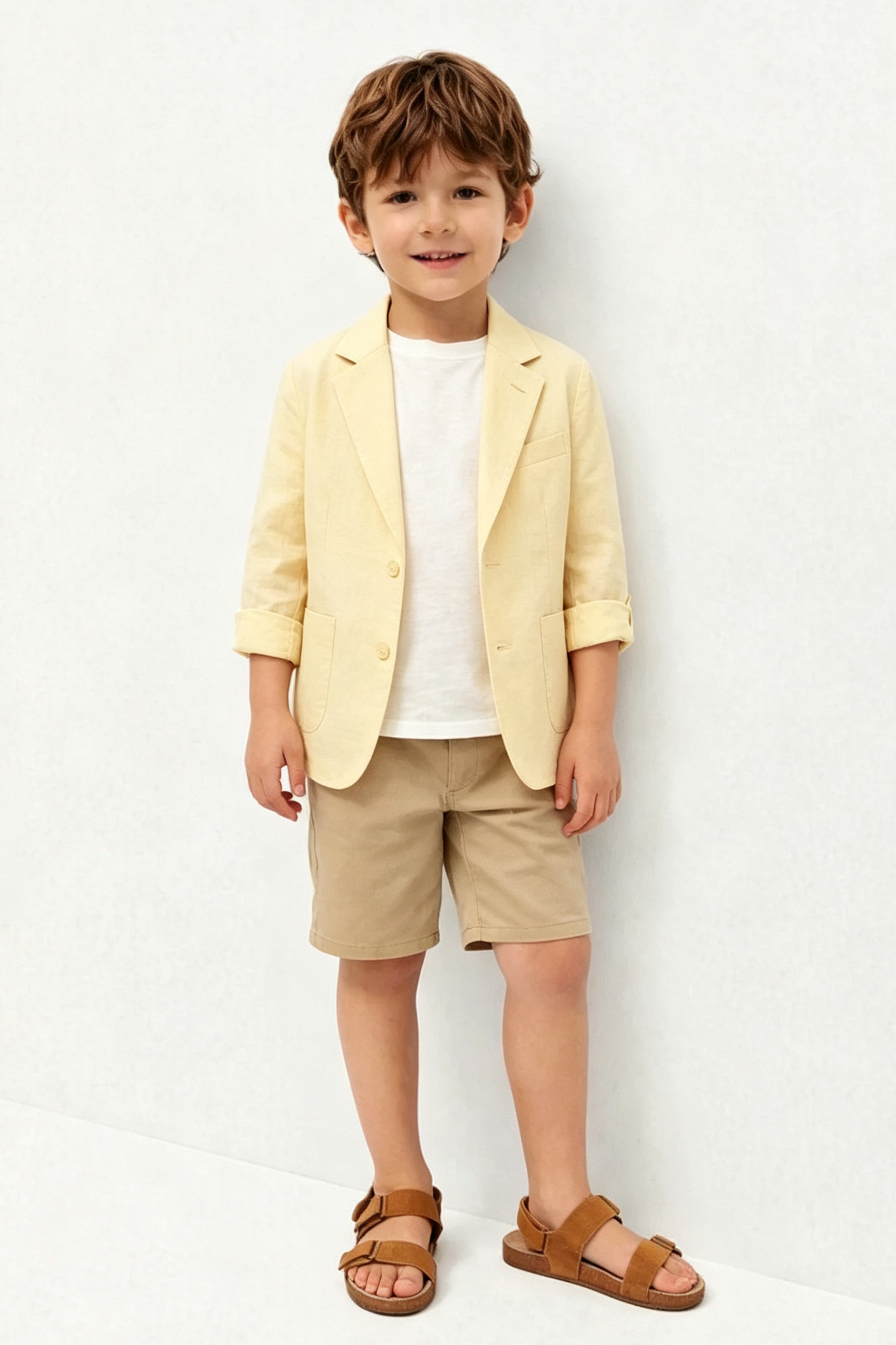 Pale Yellow & Khaki Cotton-Linen Blend Single Breasted 2-Piece Suit Set