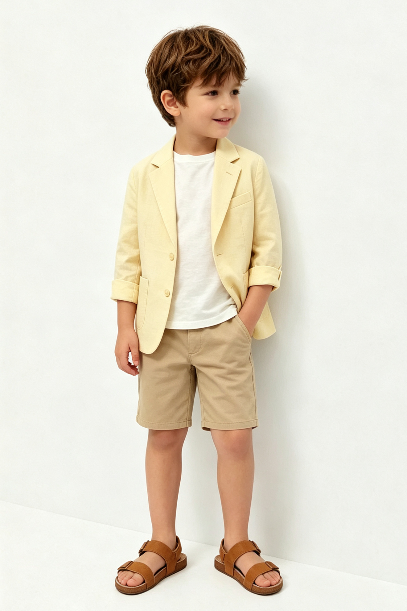 Pale Yellow & Khaki Cotton-Linen Blend Single Breasted 2-Piece Suit Set