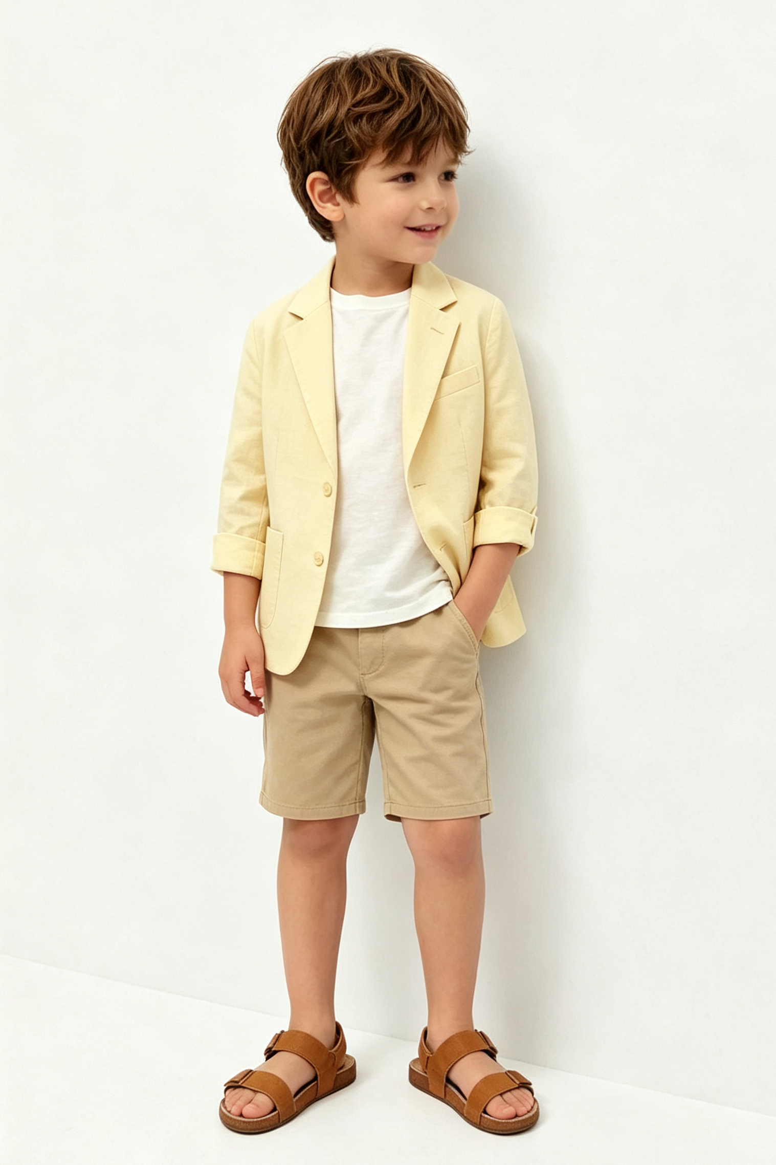 Pale Yellow & Khaki Cotton-Linen Blend Single Breasted 2-Piece Suit Set