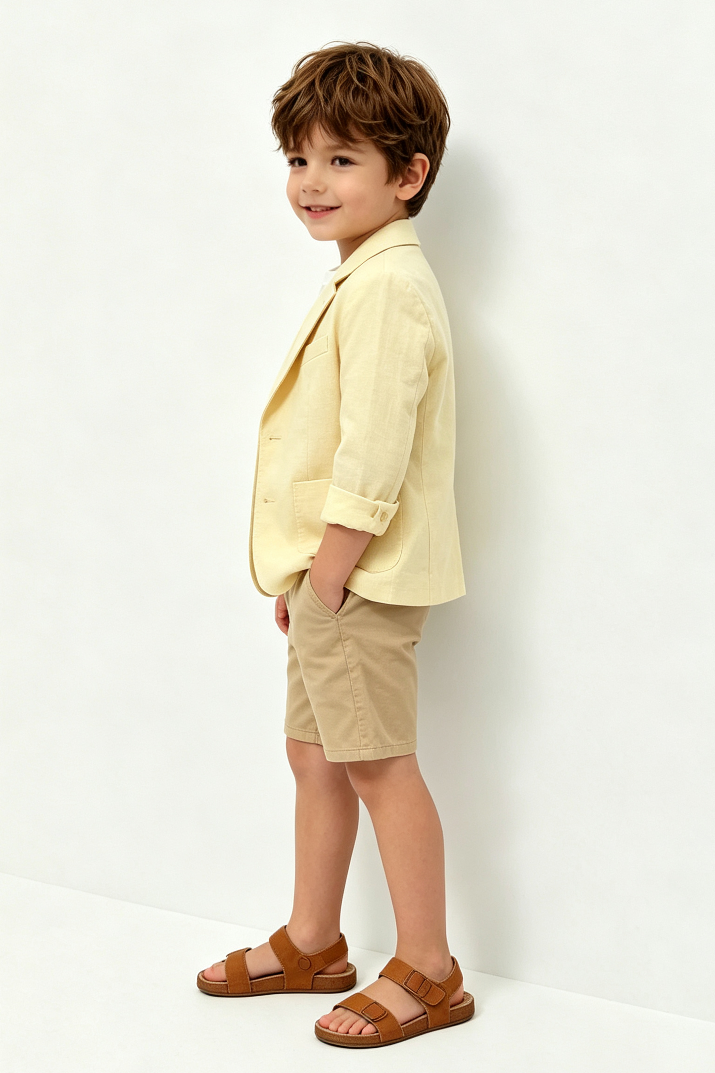 Pale Yellow & Khaki Cotton-Linen Blend Single Breasted 2-Piece Suit Set