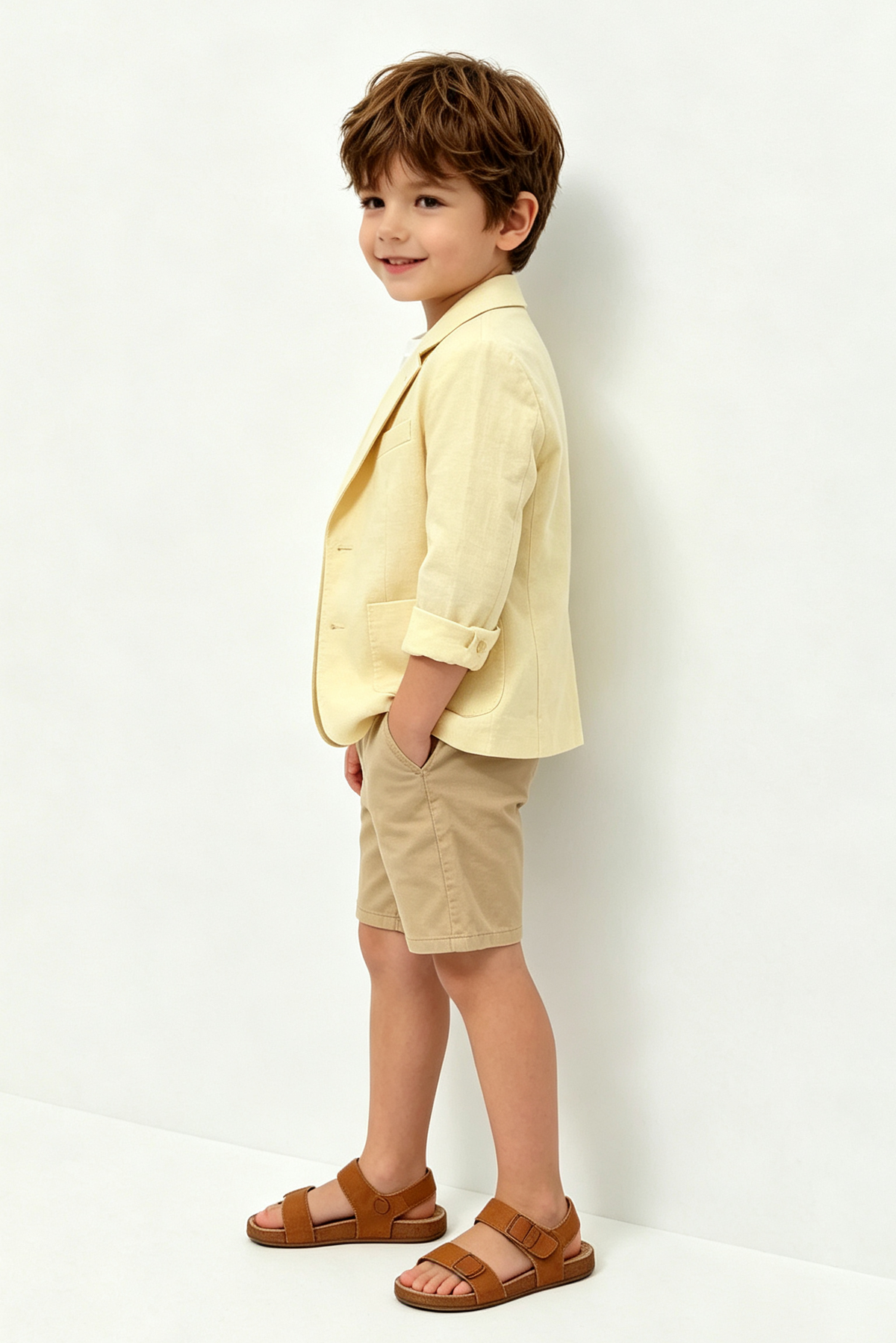 Pale Yellow & Khaki Cotton-Linen Blend Single Breasted 2-Piece Suit Set