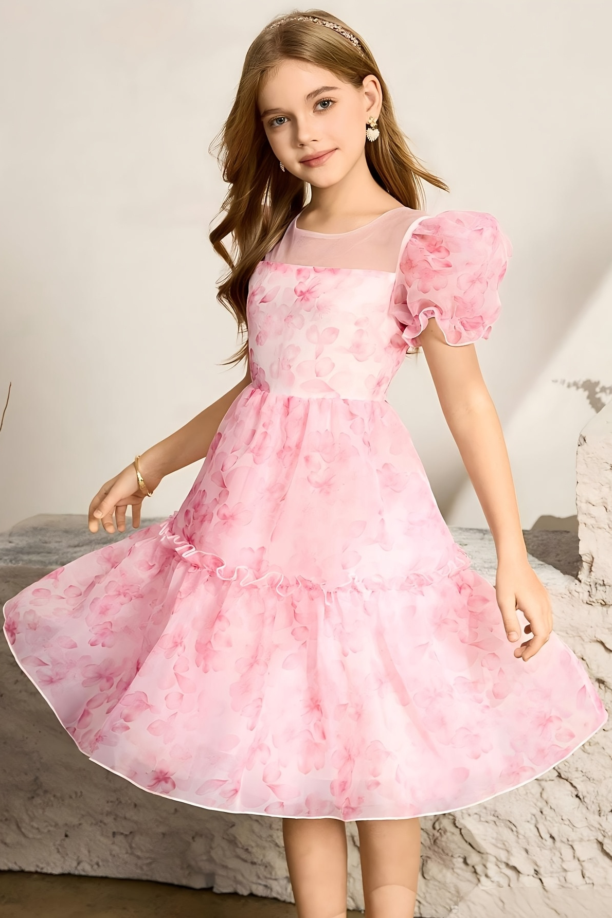 Girls Pink Floral Print Chiffon Puff Sleeve Formal Occasion Dress