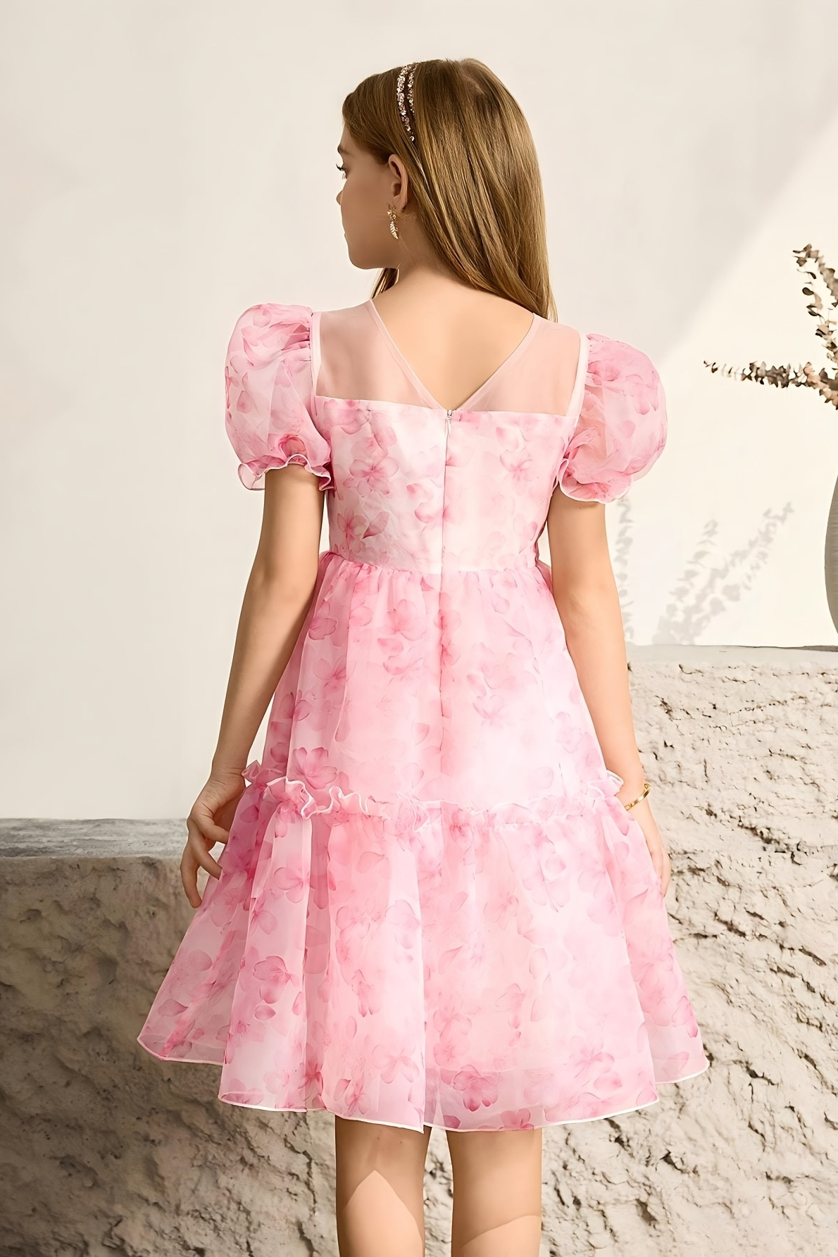 Girls Pink Floral Print Chiffon Puff Sleeve Formal Occasion Dress