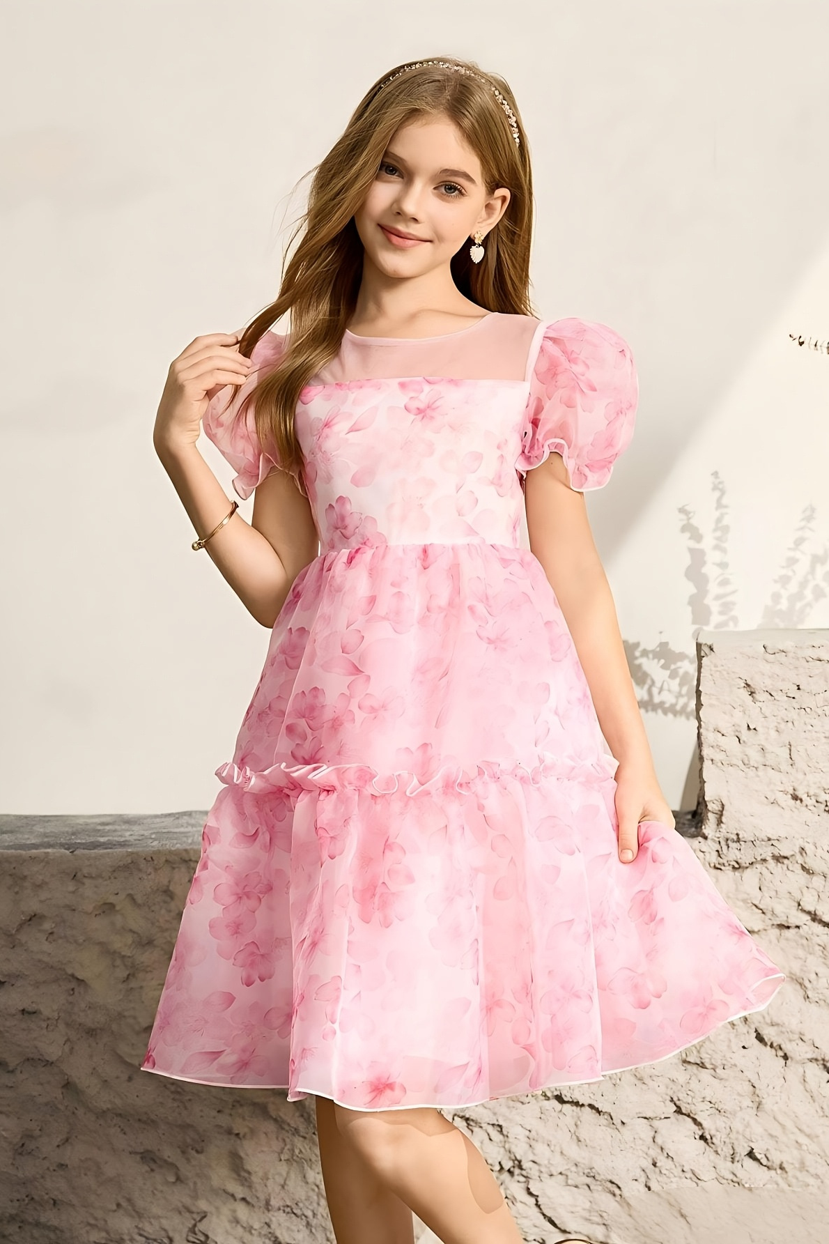 Girls Pink Floral Print Chiffon Puff Sleeve Formal Occasion Dress