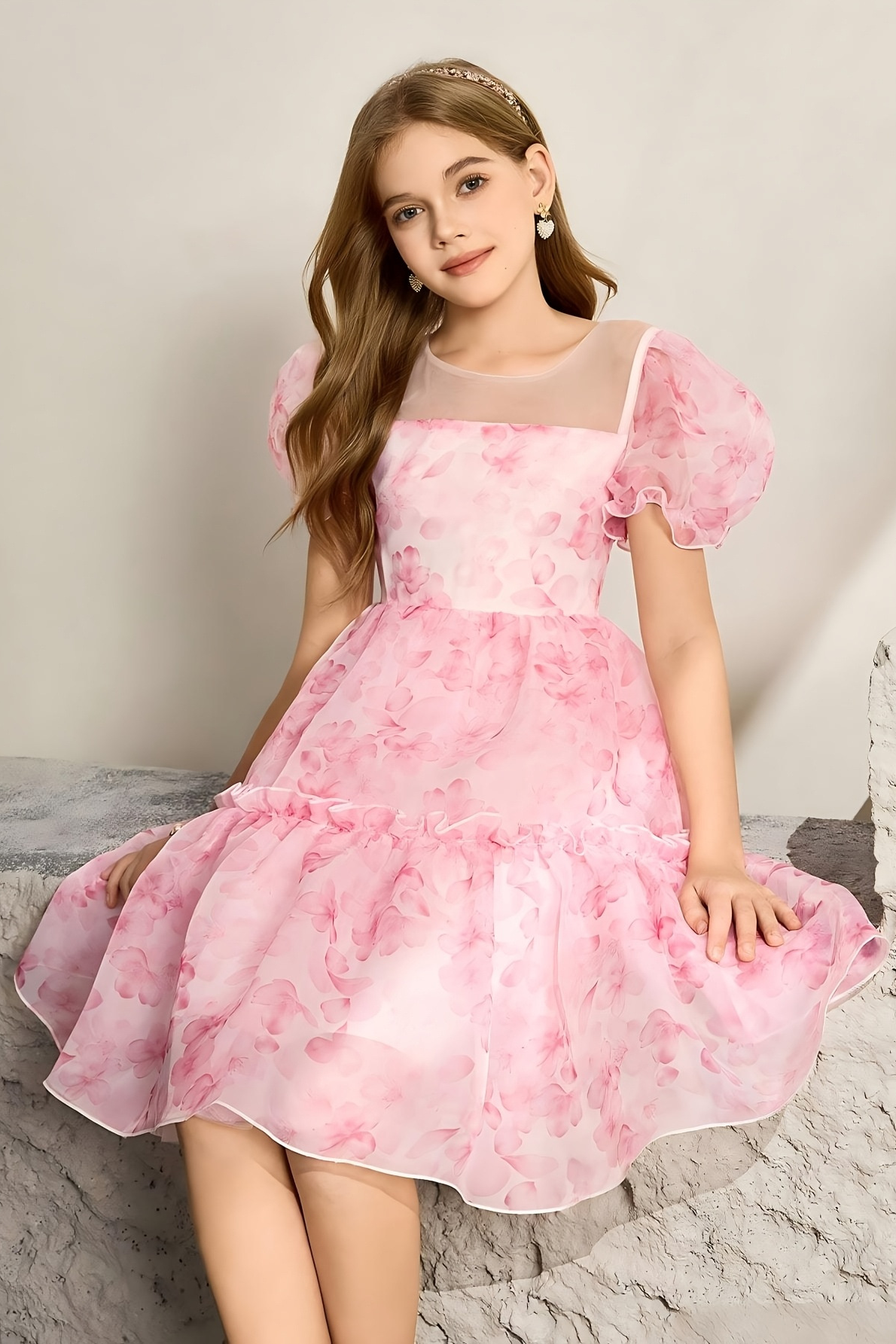 Girls Pink Floral Print Chiffon Puff Sleeve Formal Occasion Dress