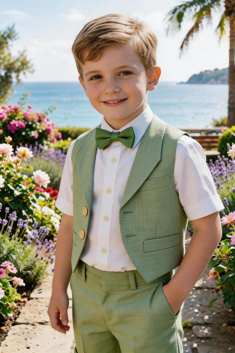 Boys Sage Notch Lapel Waistcoat & Cuffed Shorts 2-Piece Suit