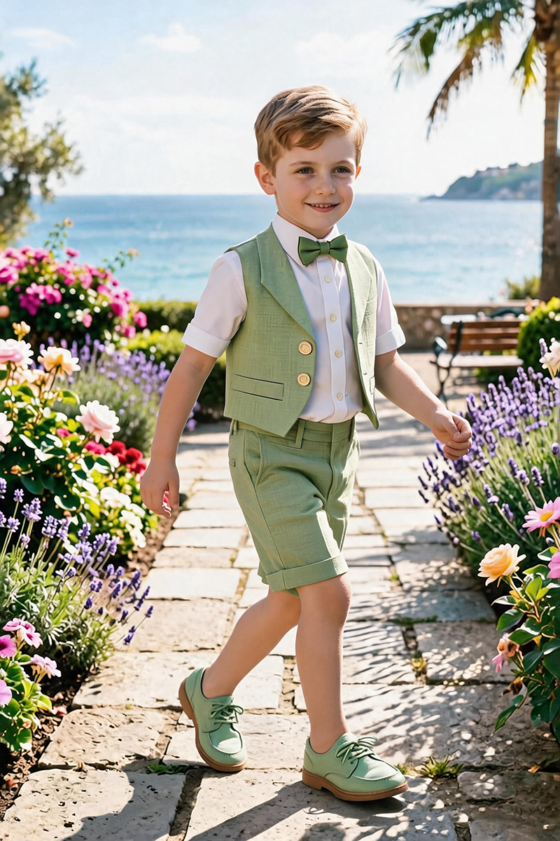 Boys Sage Notch Lapel Waistcoat & Cuffed Shorts 2-Piece Suit