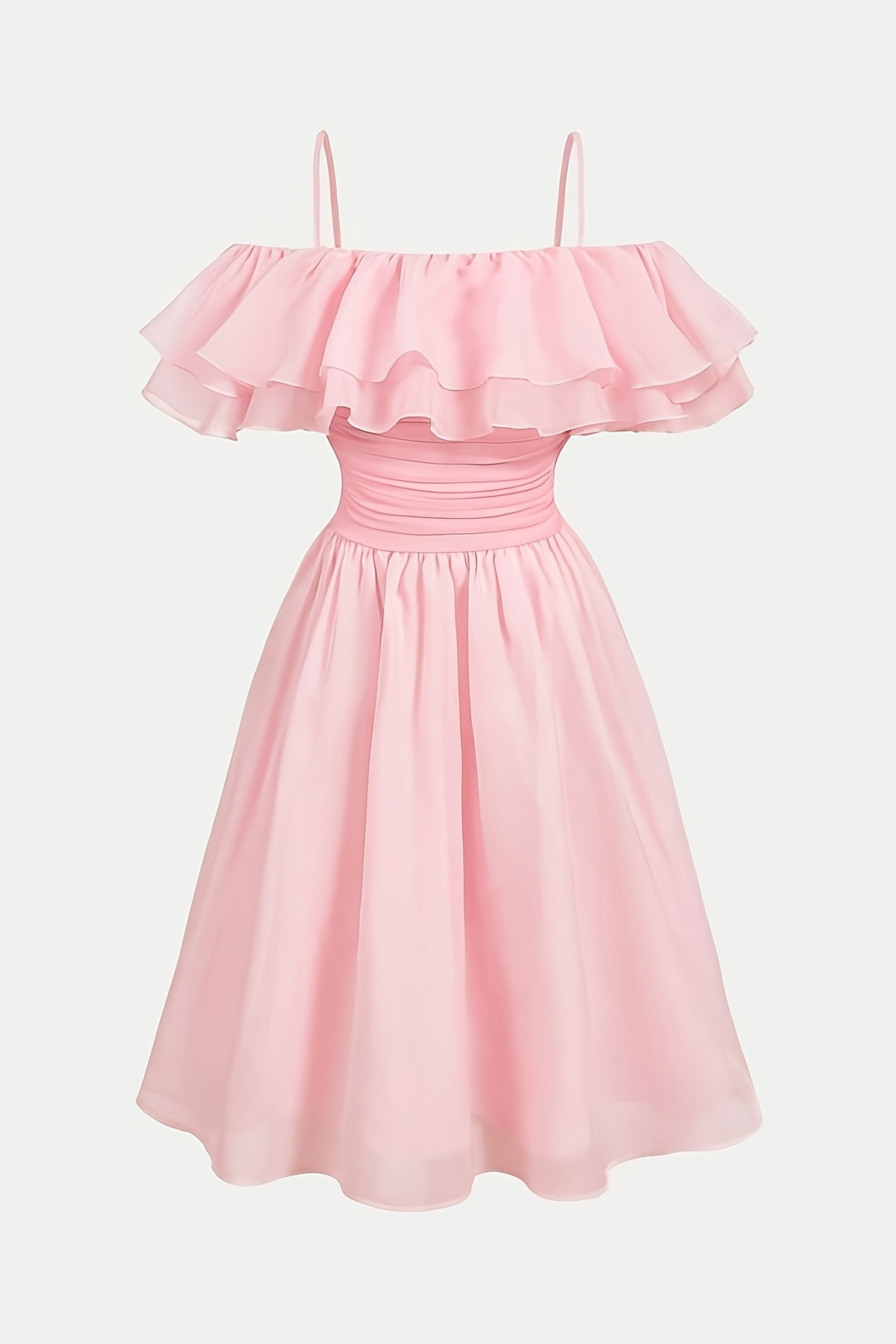 Pink Chiffon Off Shoulder Spaghetti Strap A-Line Formal Party Dress
