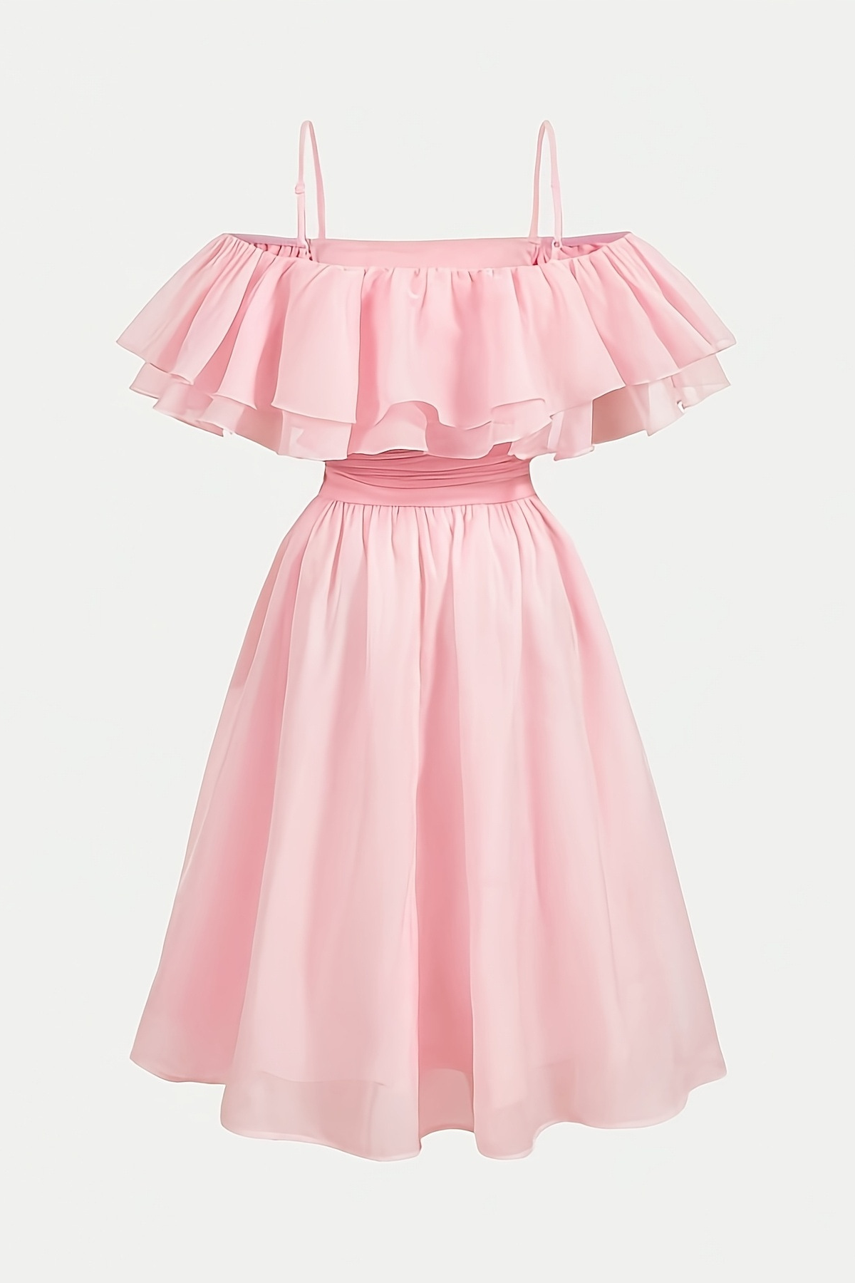 Pink Chiffon Off Shoulder Spaghetti Strap A-Line Formal Party Dress