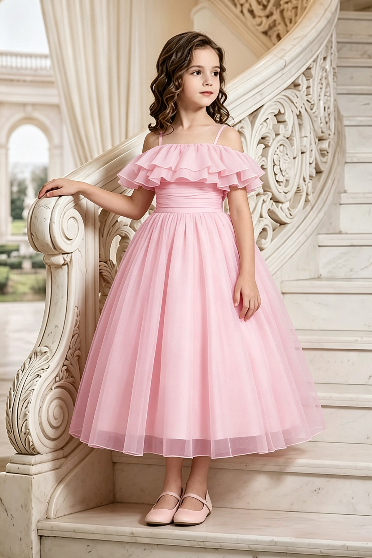 Pink Chiffon Off Shoulder Spaghetti Strap A-Line Formal Party Dress