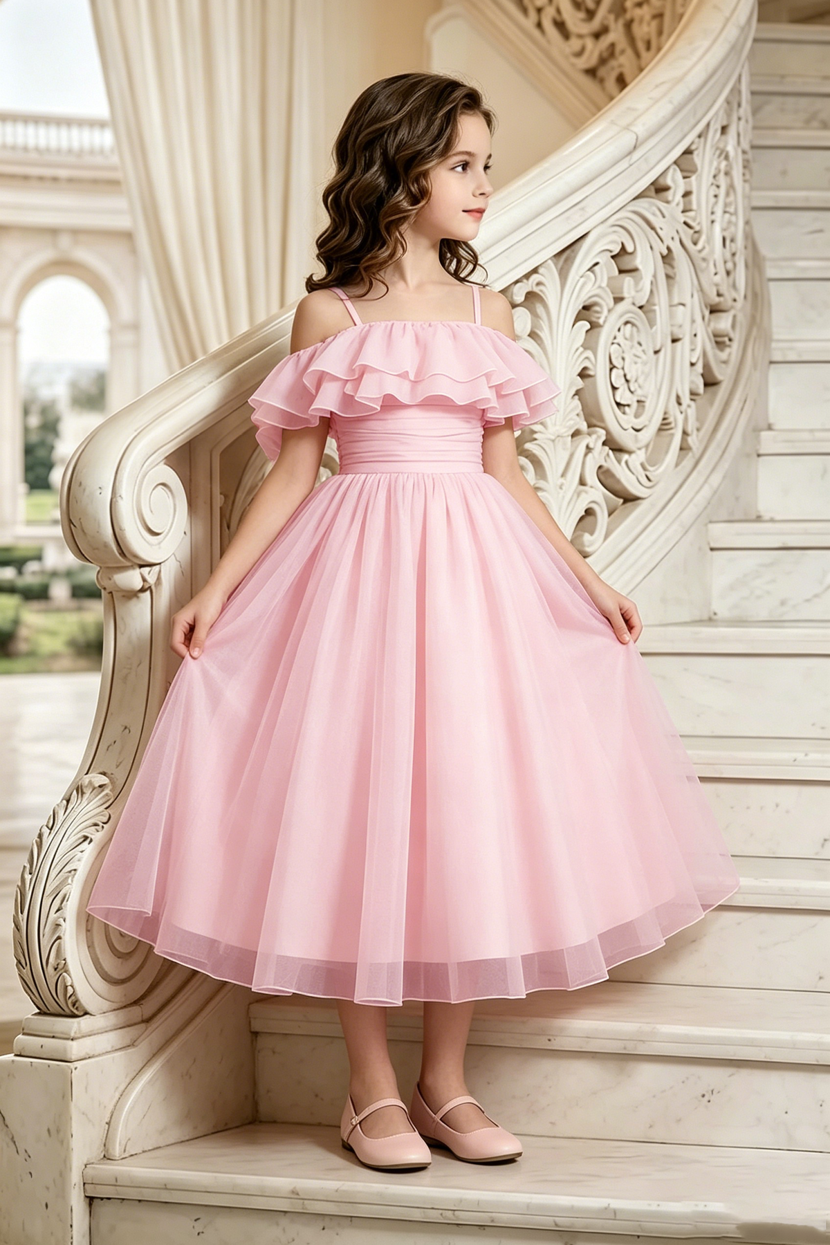 Pink Chiffon Off Shoulder Spaghetti Strap A-Line Formal Party Dress