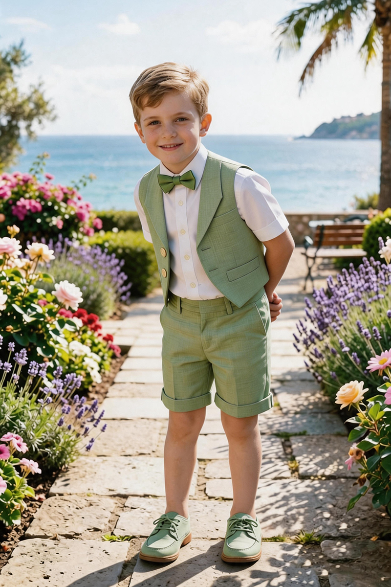 Boys Sage Notch Lapel Waistcoat & Cuffed Shorts 2-Piece Suit