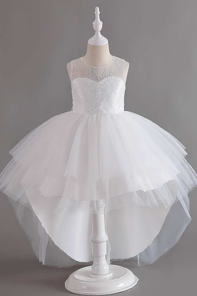 Pink Lace Tulle Round Neck Sleeveless High Low A-Line Flower Girl Dress