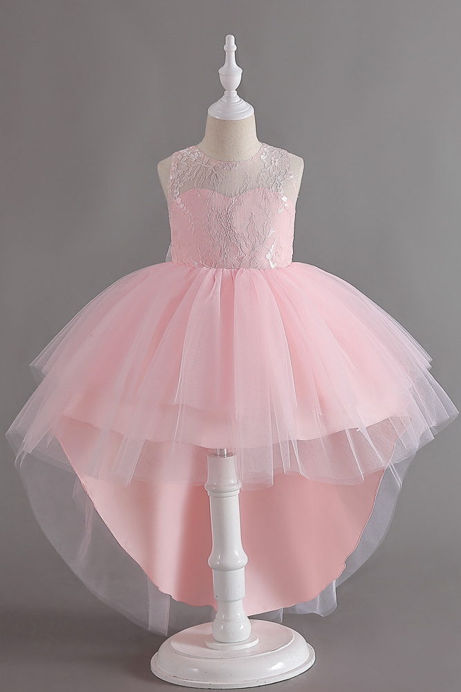 Pink Lace Tulle Round Neck Sleeveless High Low A-Line Flower Girl Dress