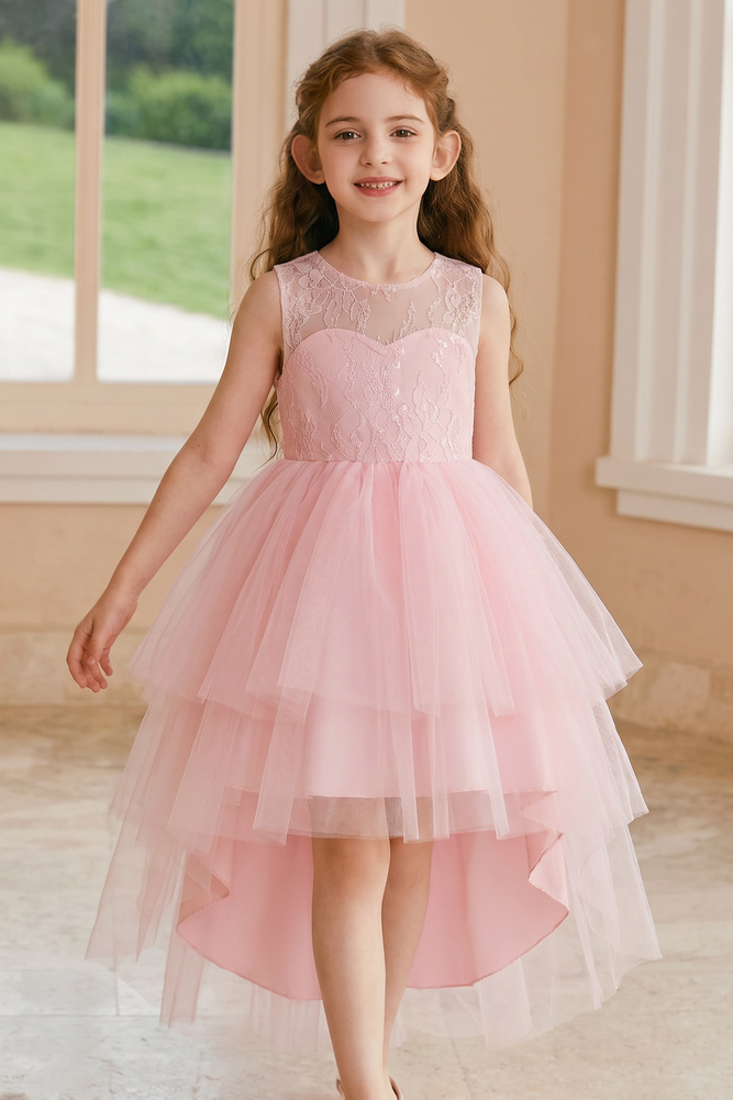 Pink Lace Tulle Round Neck Sleeveless High Low A-Line Flower Girl Dress
