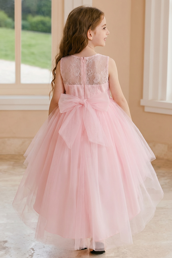 Pink Lace Tulle Round Neck Sleeveless High Low A-Line Flower Girl Dress