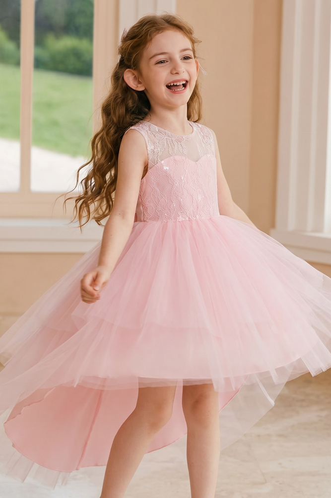 Pink Lace Tulle Round Neck Sleeveless High Low A-Line Flower Girl Dress
