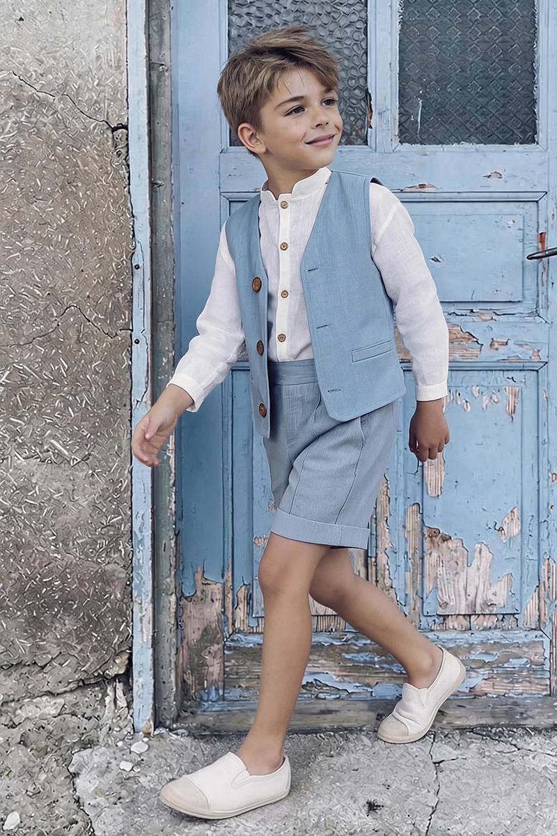 Boys Soft Blue Linen V-Neck Waistcoat & Cuffed Shorts 2-piece Set