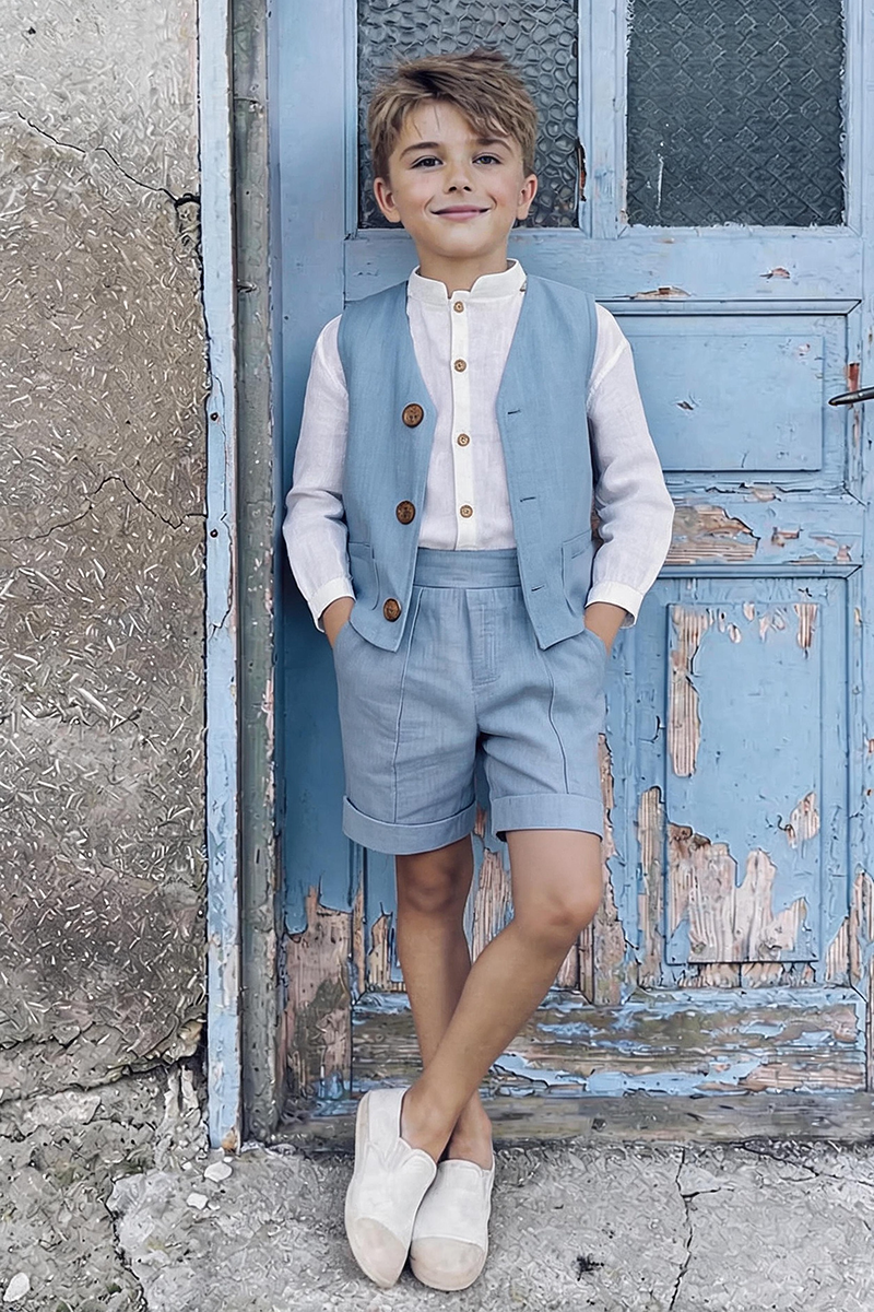 Boys Soft Blue Linen V-Neck Waistcoat & Cuffed Shorts 2-piece Set