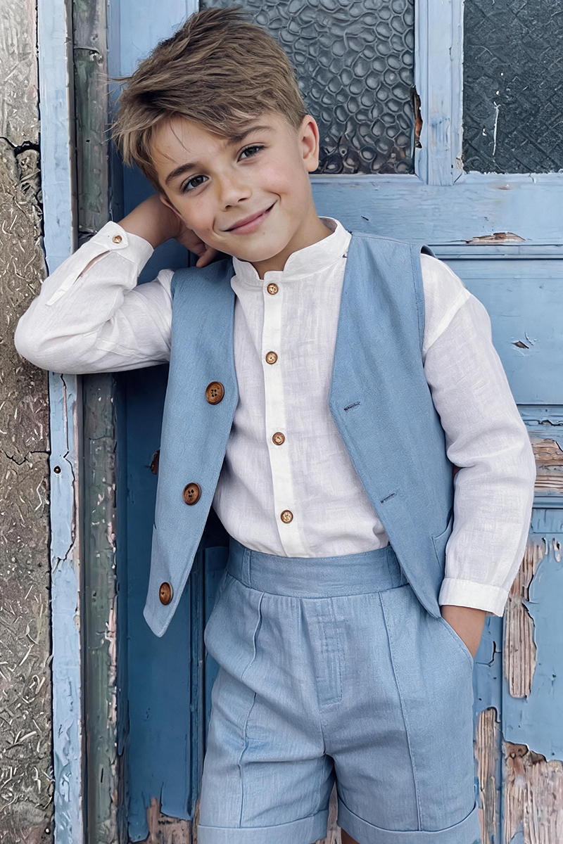 Boys Soft Blue Linen V-Neck Waistcoat & Cuffed Shorts 2-piece Set