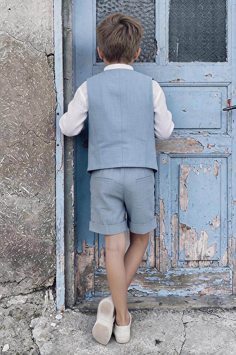 Boys Soft Blue Linen V-Neck Waistcoat & Cuffed Shorts 2-piece Set