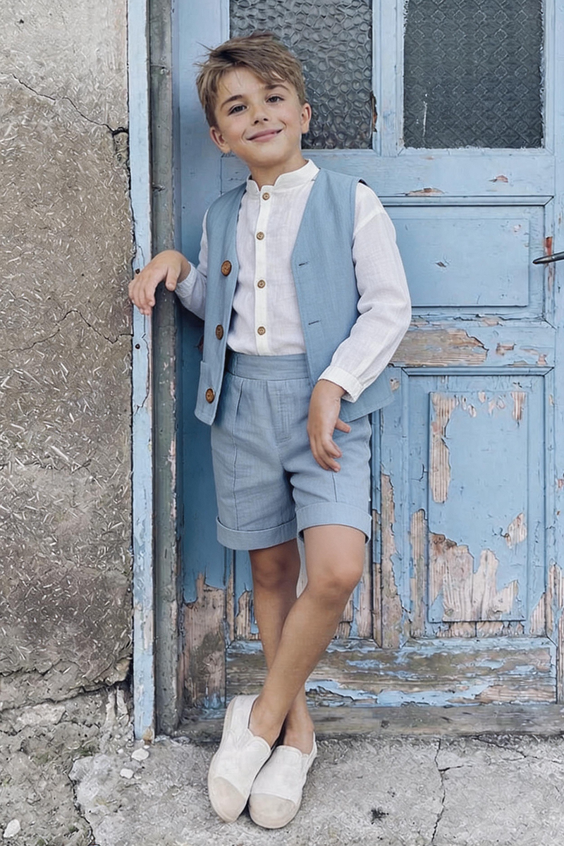 Boys Soft Blue Linen V-Neck Waistcoat & Cuffed Shorts 2-piece Set