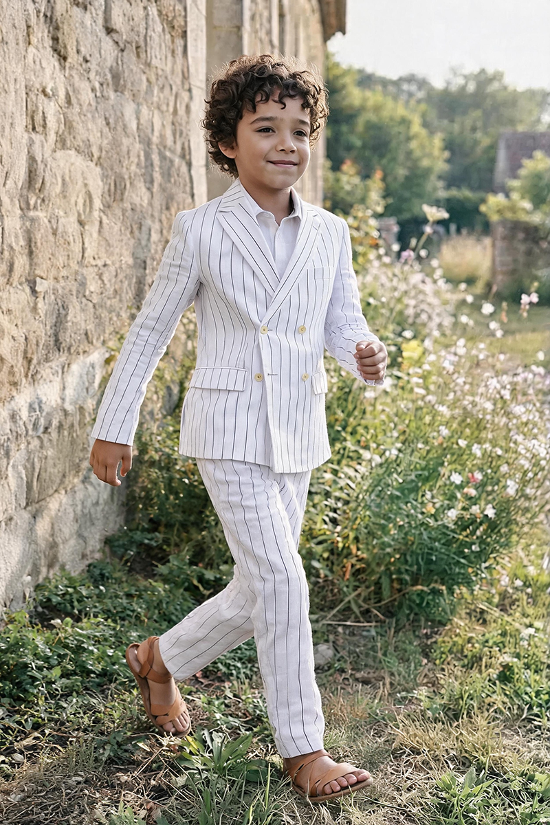 Boys White Thin Stripe Linen Double Breasted Blazer & Trousers 2-Piece Suit