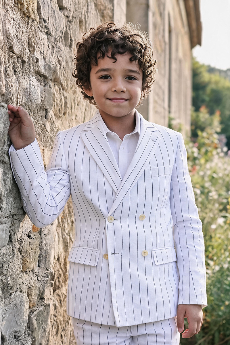 Boys White Thin Stripe Linen Double Breasted Blazer & Trousers 2-Piece Suit