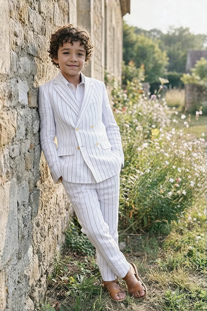 Boys White Thin Stripe Linen Double Breasted Blazer & Trousers 2-Piece Suit