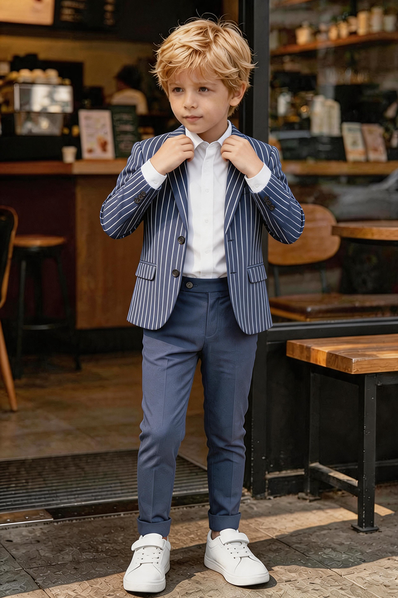Boys Navy White Pinstripe Notch Lapel Blazer & Solid Cuffed Trousers 2-Piece Suit