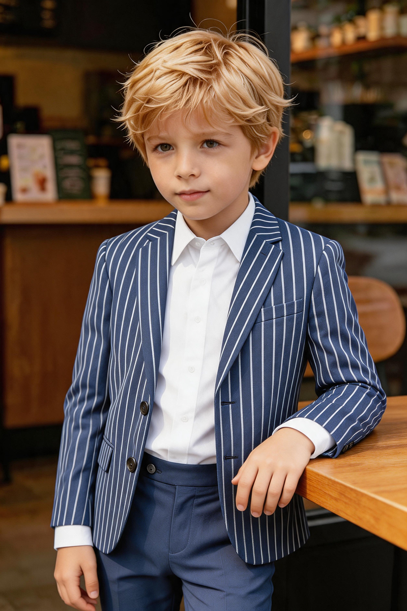 Boys Navy White Pinstripe Notch Lapel Blazer & Solid Cuffed Trousers 2-Piece Suit