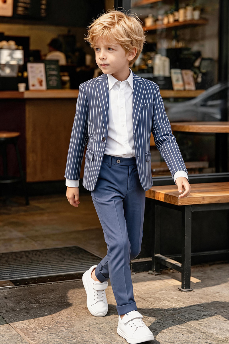 Boys Navy White Pinstripe Notch Lapel Blazer & Solid Cuffed Trousers 2-Piece Suit
