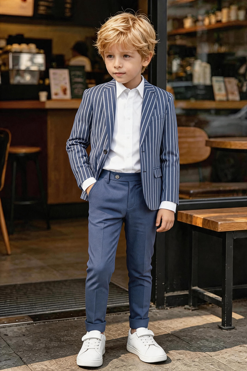 Boys Navy White Pinstripe Notch Lapel Blazer & Solid Cuffed Trousers 2-Piece Suit