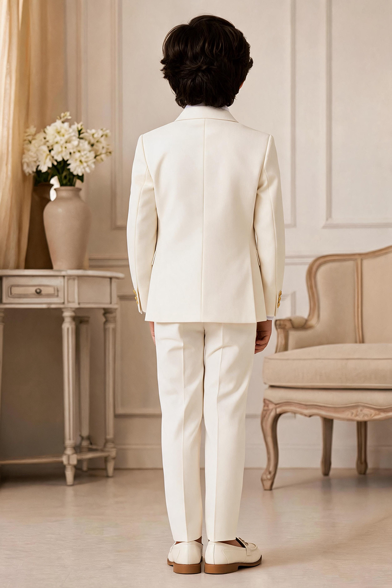 Boys Cream Three Piece Suit for Wedding Events with Gold Button Accents