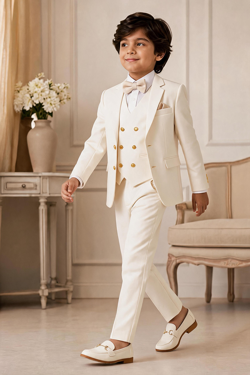 Boys Cream Three Piece Suit for Wedding Events with Gold Button Accents