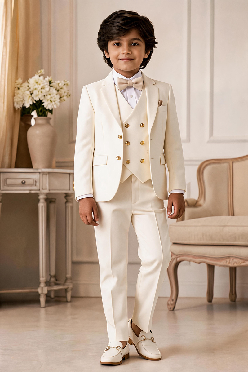 Boys Cream Three Piece Suit for Wedding Events with Gold Button Accents