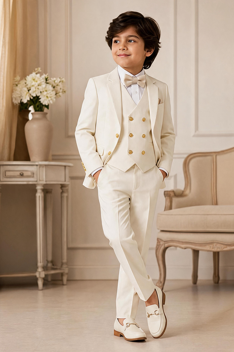 Boys Cream Three Piece Suit for Wedding Events with Gold Button Accents