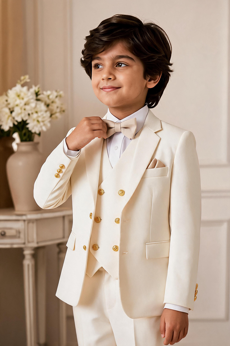 Boys Cream Three Piece Suit for Wedding Events with Gold Button Accents